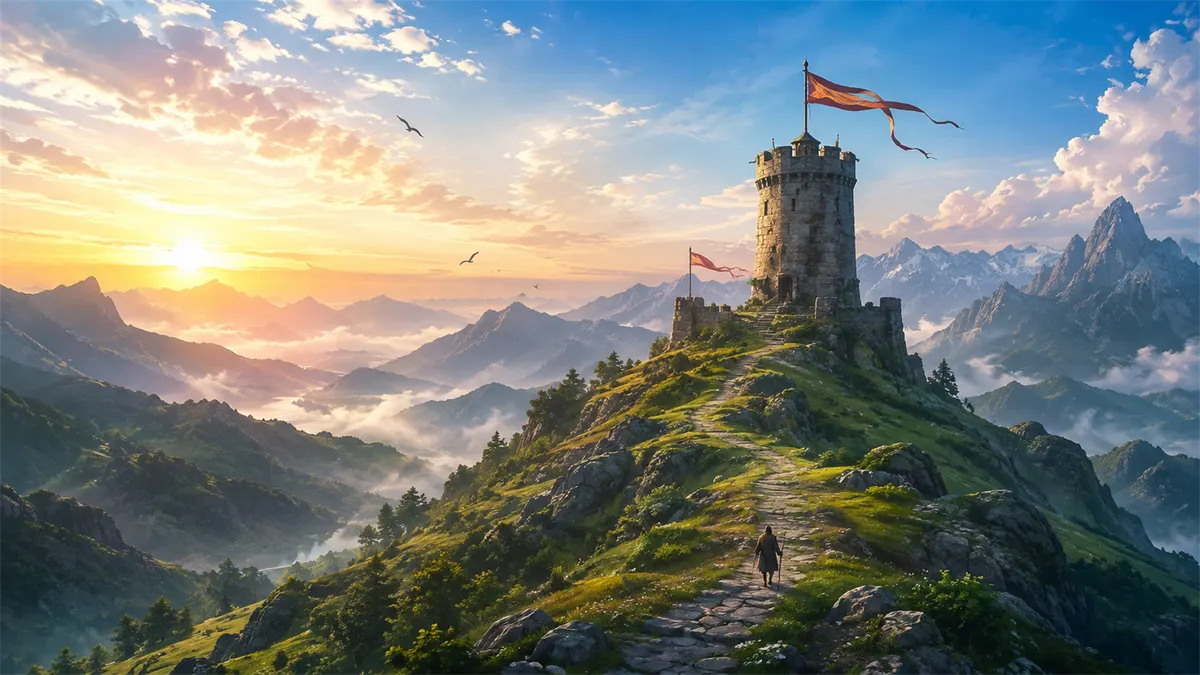 Illustrated watchtower at dawn; an atmospheric image, not a game capture.